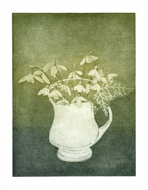 Original aquatint etching showing a mug full of snowdrop flowers. Printed in shades of green. By Jill Welham