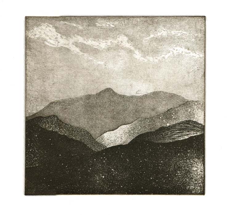 Original aquatint etching of stylised mountains and sky. Printed from a square zinc plate in sepia ink. By Jill Welham