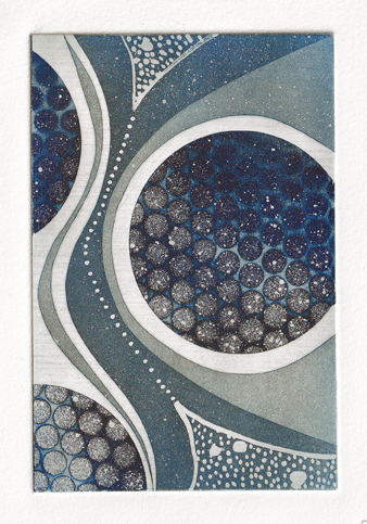 Original aquatint etching by Jill Welham. An abstract piece printed in shades of blue inspired by seed pods from the garden. 