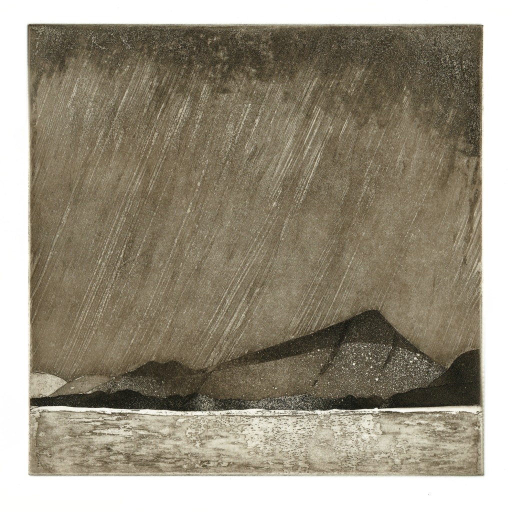 An original aquatint etching by Jill Welham. A minimalist design of hills and mountains seen during a rain storm. Inspired by the landscape of North Uist in the Outer Hebrides. Intaglio etching on a square zinc plate printed in sepia ink.