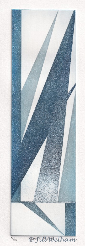 Abstract design of vertical, horizontal and diagonal lines. Inspired by tall grasses growing in the garden. Aquatint etching printed in blue ink. Limited edition intaglio etching by Jill Welham. Hand pulled zinc plate etching.