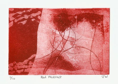 Abstract design inspired by aerial views of landscapes. Aquatint etching printed in red ink. Limited edition intaglio etching by Jill Welham. Hand pulled zinc plate etching.