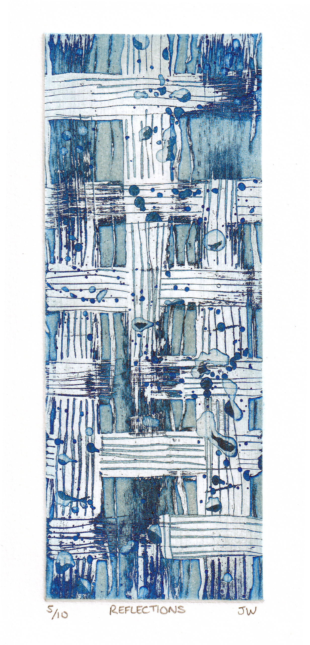Abstract design of vertical and horizontal lines inspired by building reflections in a river. Aquatint etching printed in blue ink. Limited edition intaglio etching by Jill Welham. Hand pulled zinc plate etching.