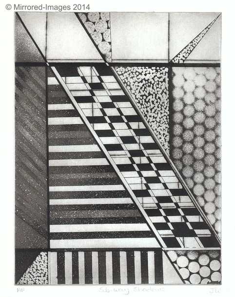 Abstract design of lines, tones and textures. Inspired by shadows see in a subway. Aquatint etching printed in black ink. Limited edition intaglio etching by Jill Welham. Hand pulled zinc plate etching.