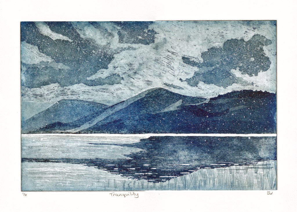 Original aquatint etching of a view across Loch Tay . Minimalist stylised design. Panoramic format intaglio print. Printed in blue ink, created by Jill Welham